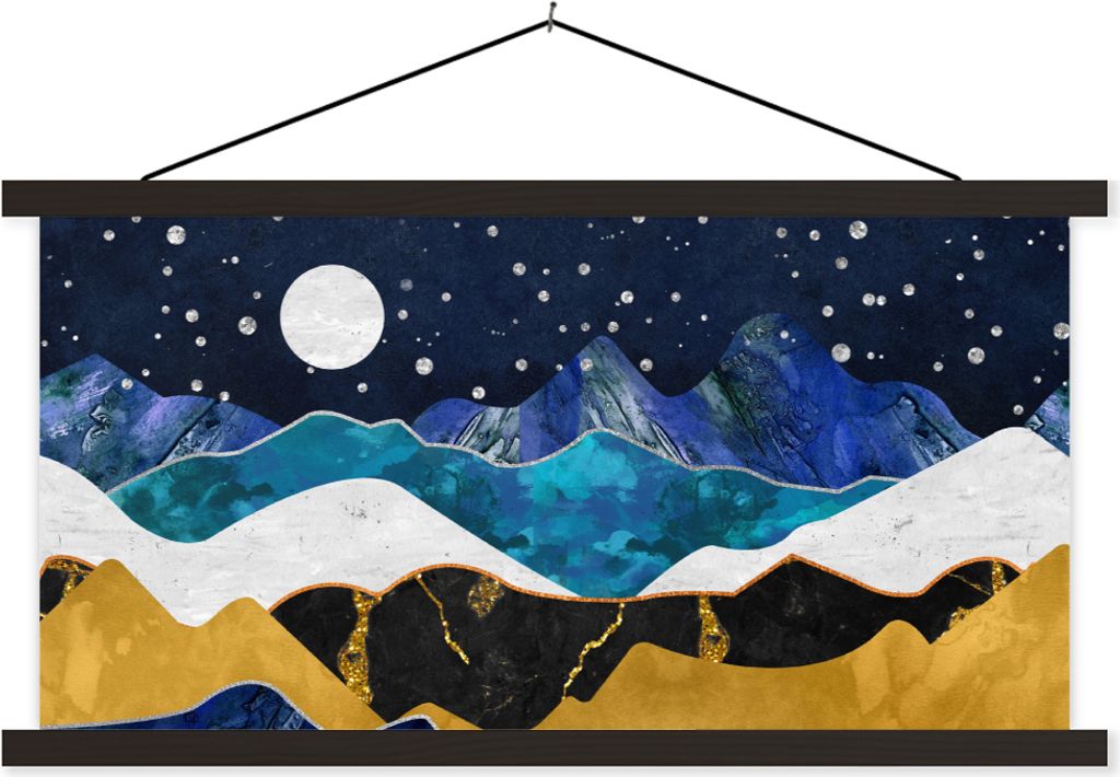 MuchoWow Textilposter Nacht - Gold - Marmor - Abstrakt - Landschaft - Berg 90x45 cm mit schwarzem Rahmen - Klemmleisten