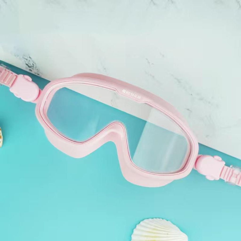 Schwimmbrille, beschlagfrei, auslaufsicher, großer Rahmen, klar, modisch, für Männer und Frauen, rosa, transparent