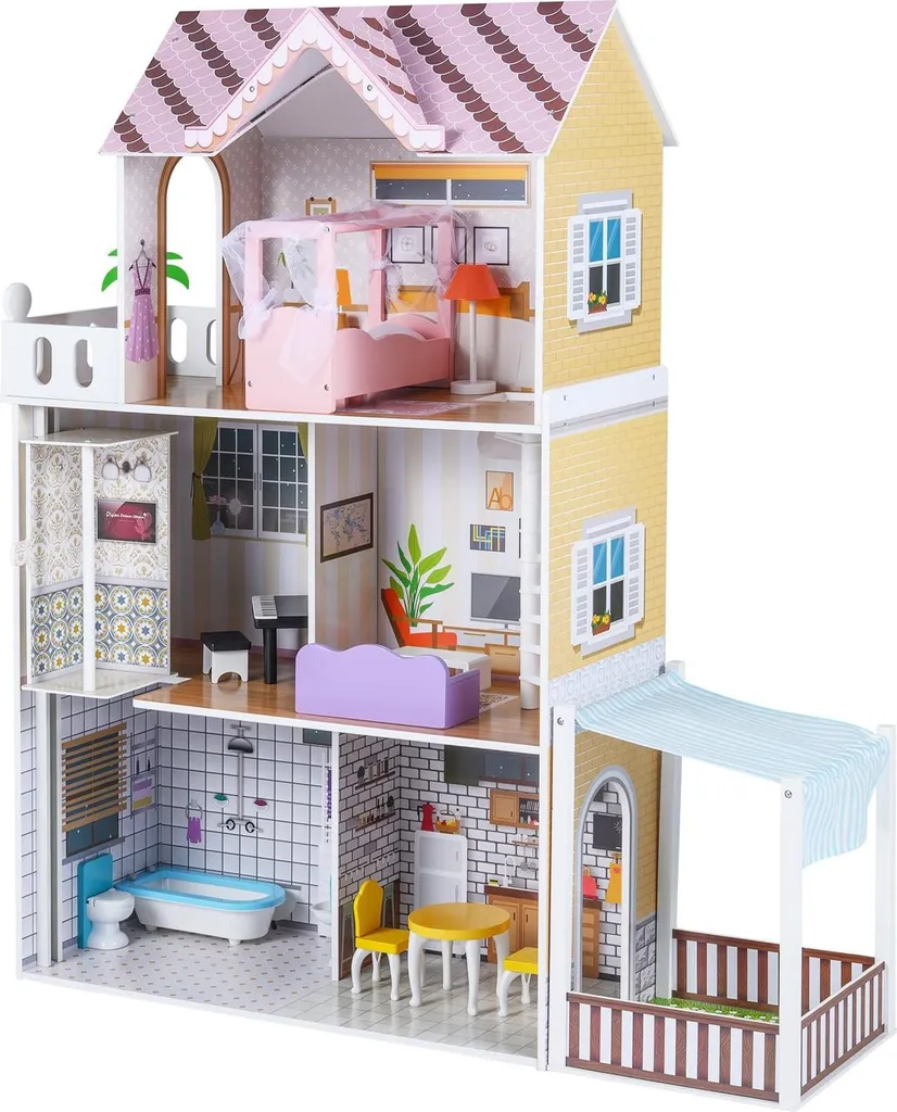 Grande maison de jeux en bois pour filles et garçons avec 3 étages rose