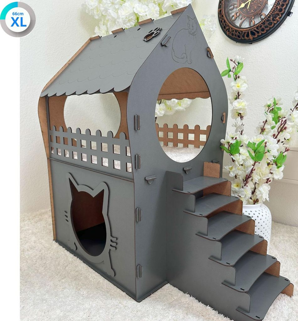 Katzenhaus XL 2 Etagen mit Treppe & Balkon MDF Indoor Stecksystem 4 Farben : Anthrazit