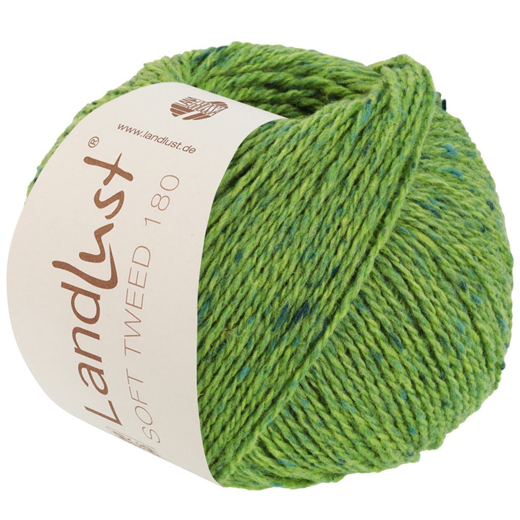 A ball of green yarn with blue flecks, with a label wrapped around it.