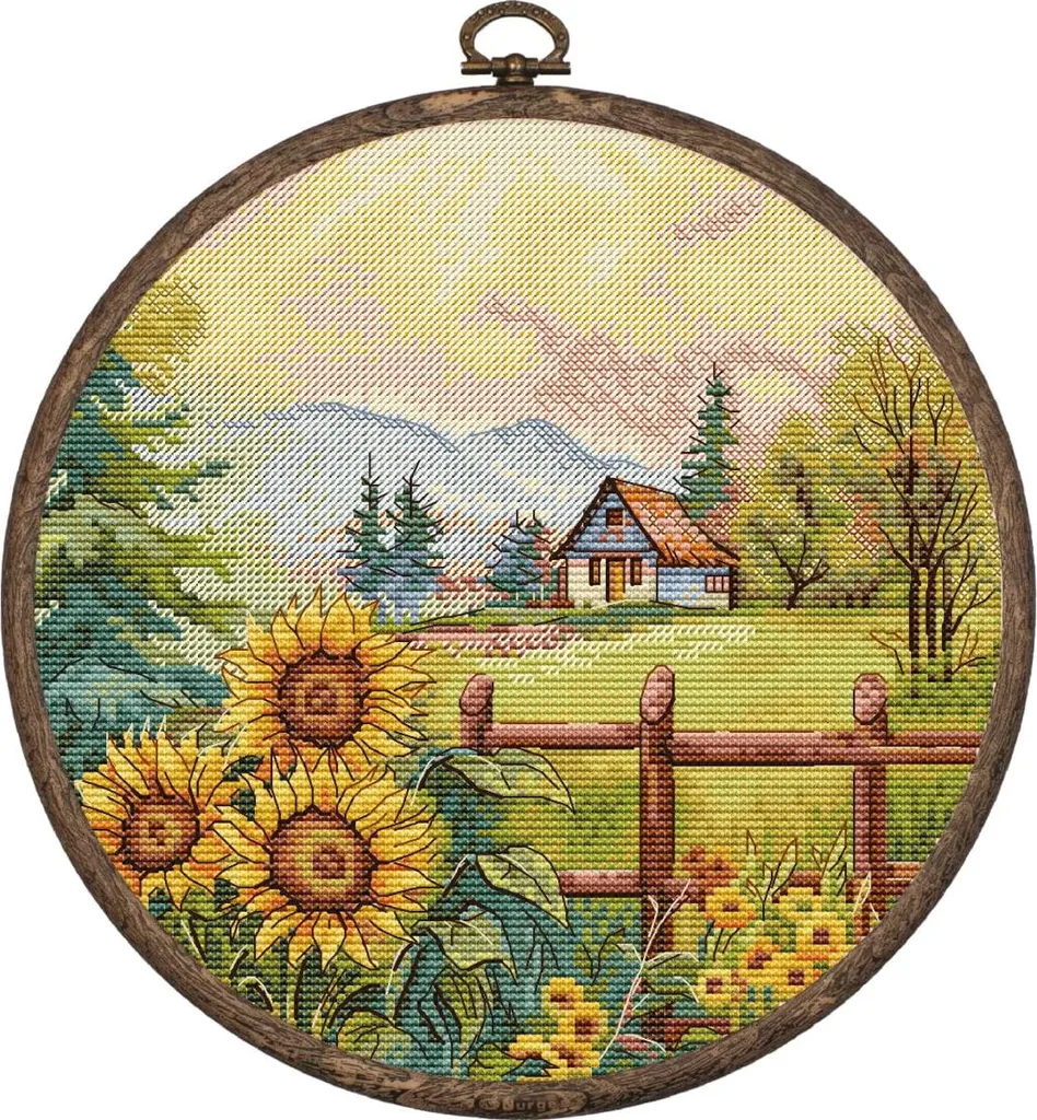 Broderie point de croix compté avec tambour et motif maison de campagne