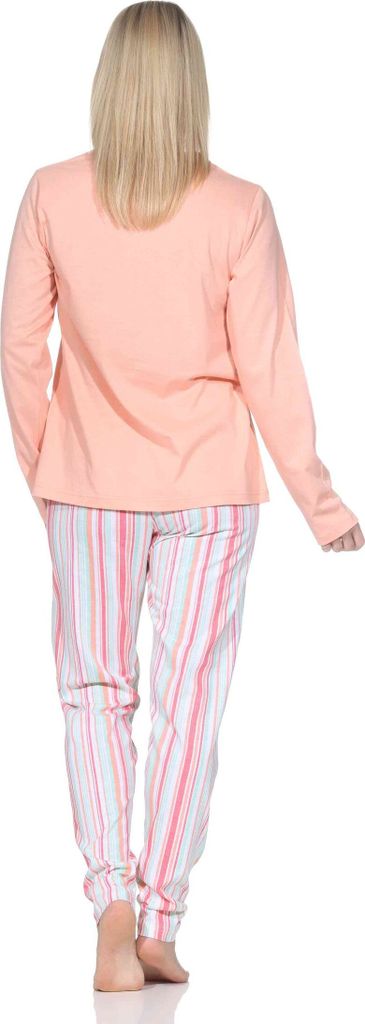Normann Damen Schlafanzug langarm Pyjama mit Pyjamahose in Streifenoptik ; apricot , 36