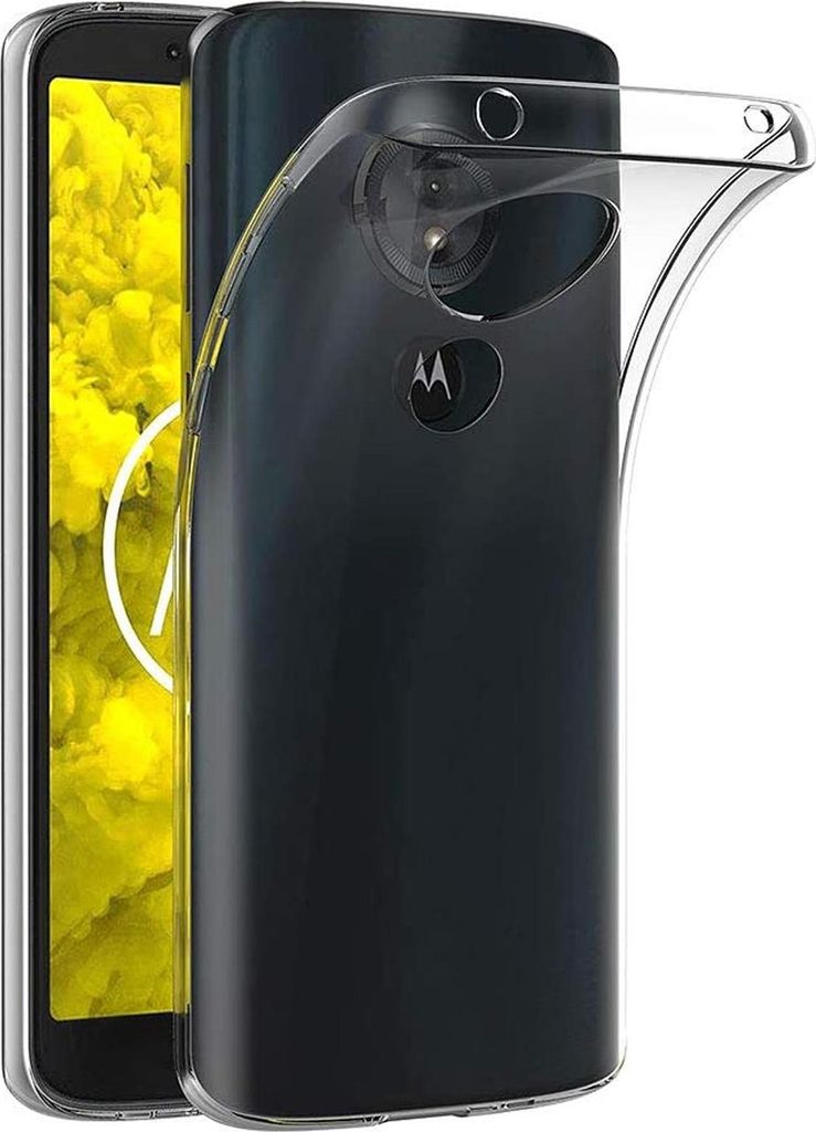 A clear protective case is shown covering a black smartphone with a yellow background.