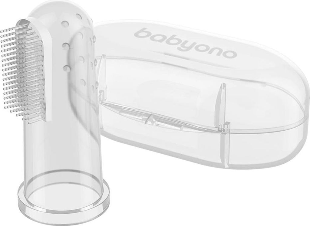 A clear, studio shot of a baby finger toothbrush and its transparent case.