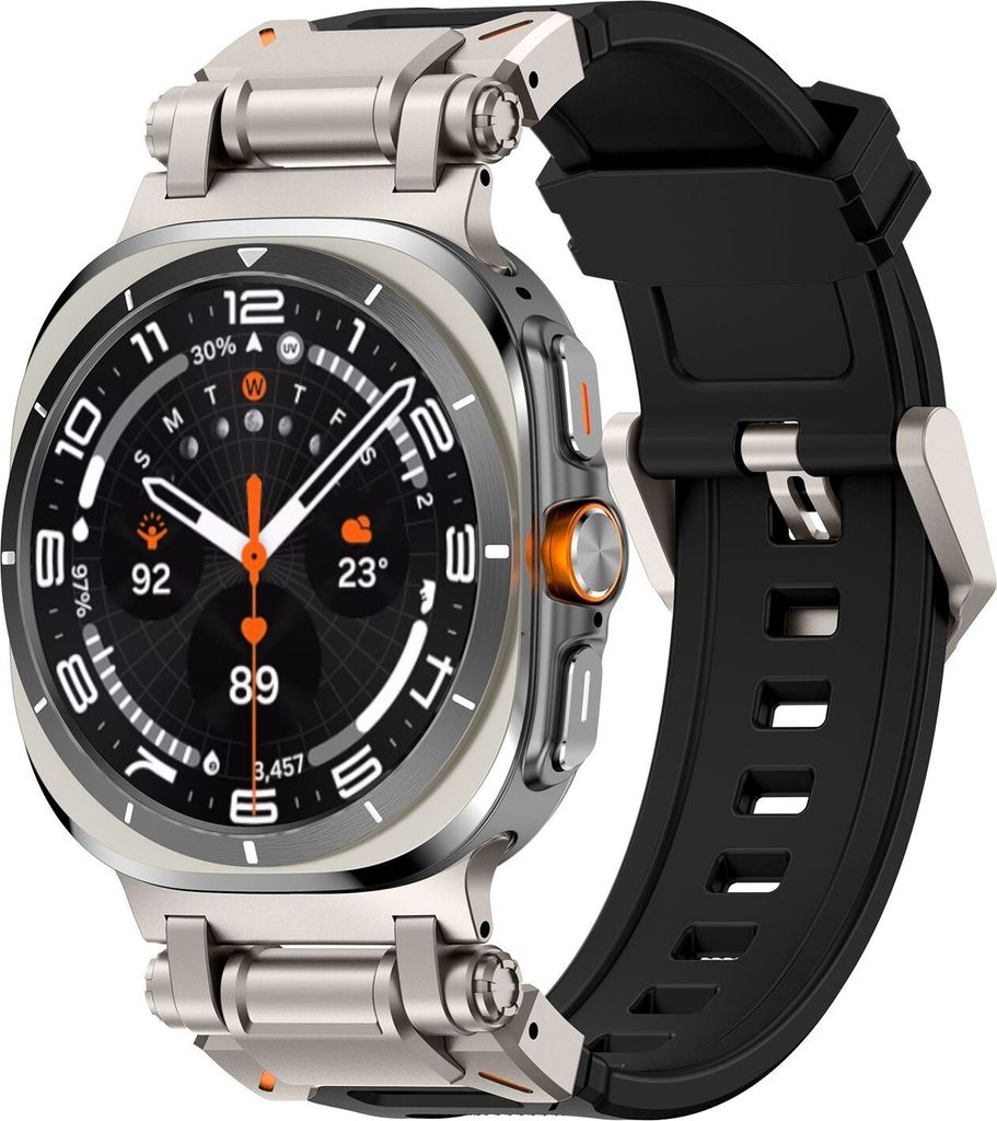 A close-up studio shot of a smartwatch with a black strap and silver casing.