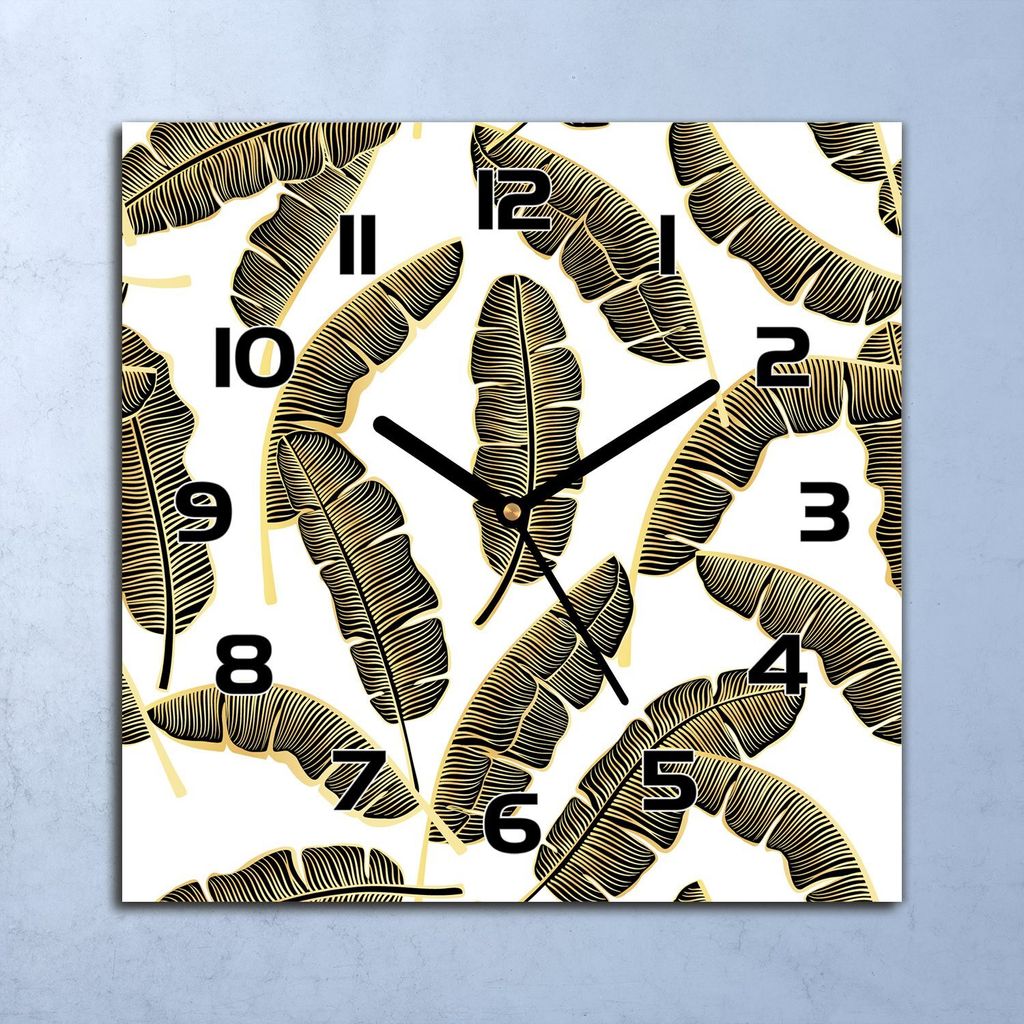 Wanduhr Echt-Glas-Küchenuhr Goldene Blätter Quarz Lautlos 30x30 Deko Bilder