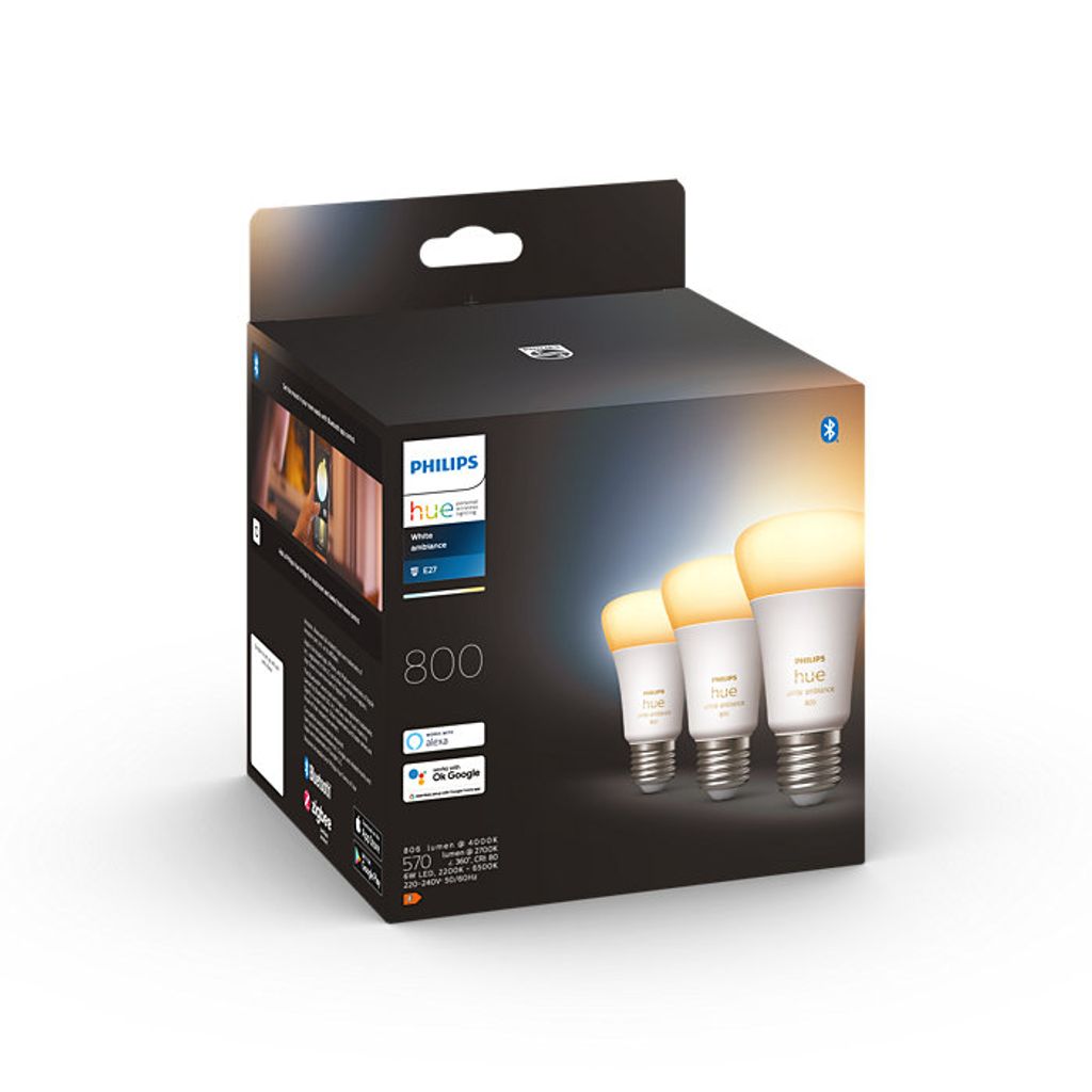 A product box for Philips Hue smart light bulbs.