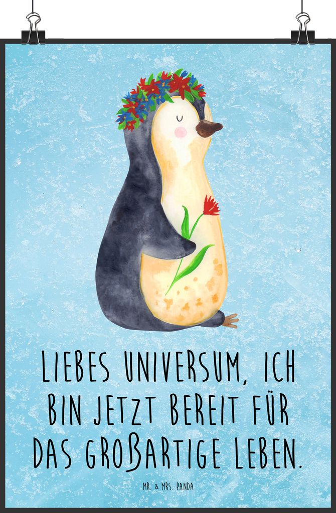 Mr. & Mrs. Panda Bild Pinguin Blumen DIN A1 - Eisblau - Geschenk, Wandbild, wanddeko, Ziele, kunstdruck poster, drucke, Geschenkidee, Positiv, Plak...