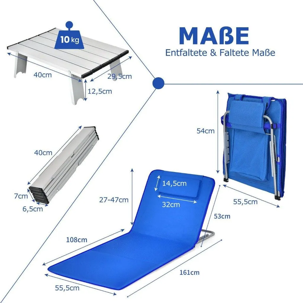 Duo de tapis de plage avec dossiers réglables et table 151x55,5 Bleu - 3