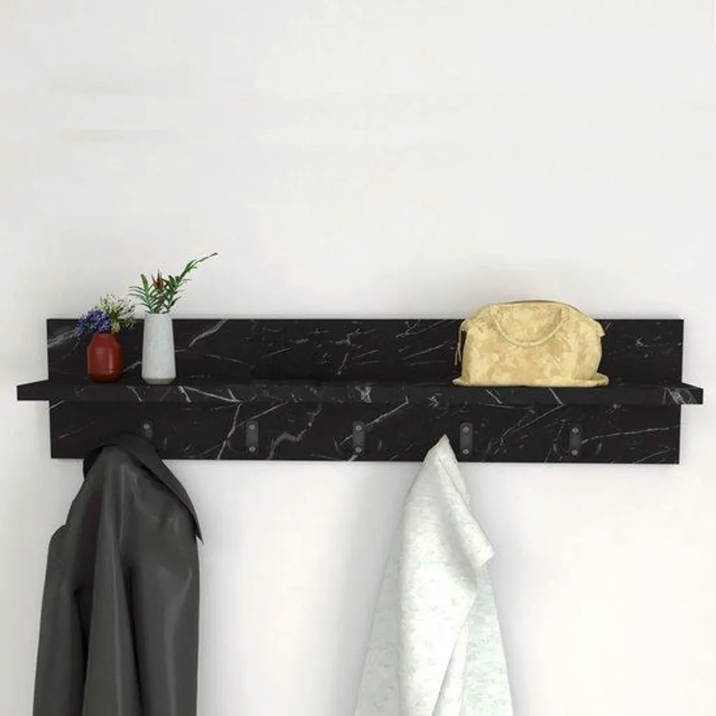 Porte-manteau mural 80 cm pour entrée 10 crochets décor marbre noir
