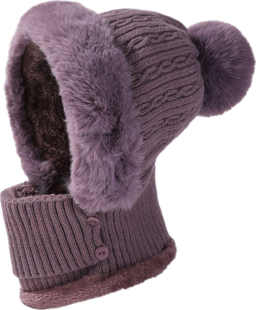 Damen Winter Beanie Mützen Einteiliges Fleece Gefütterte Strick Sturmhauben Masken Set Totenkopf Hals Kreis Schal Ski Schneemütze Kappe mit Bommel