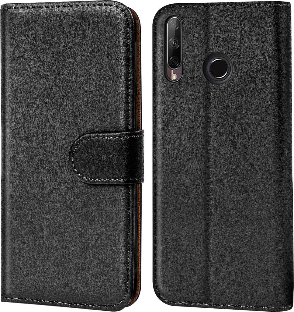 A black flip case for a Huawei P40 Lite E phone is shown from the front and back.