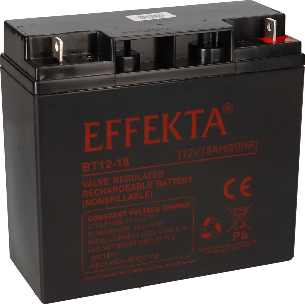 A black battery with red text and symbols.