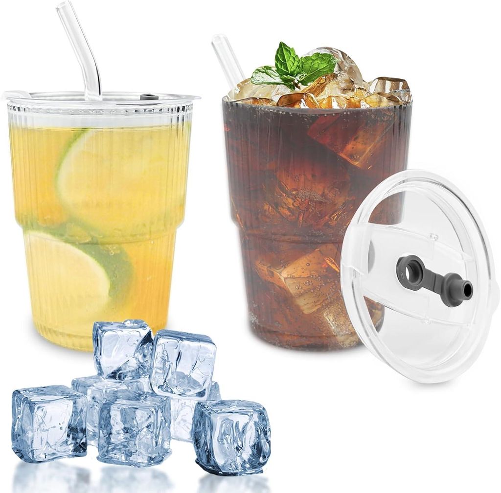 Glas 400 ml Espressogläser Cappuccinokopjes transparent luftdicht und wasserdicht mit Deckel und Strohhalm für Latte Macchiato Whisky