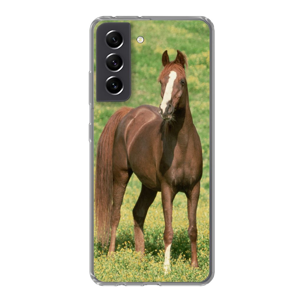 MuchoWow Handyhülle Schutzhülle Hülle für Samsung Galaxy S21 FE Pferde - Gras - Braun Silikon Softcase Handy Hülle - Mobiltelefonhülle