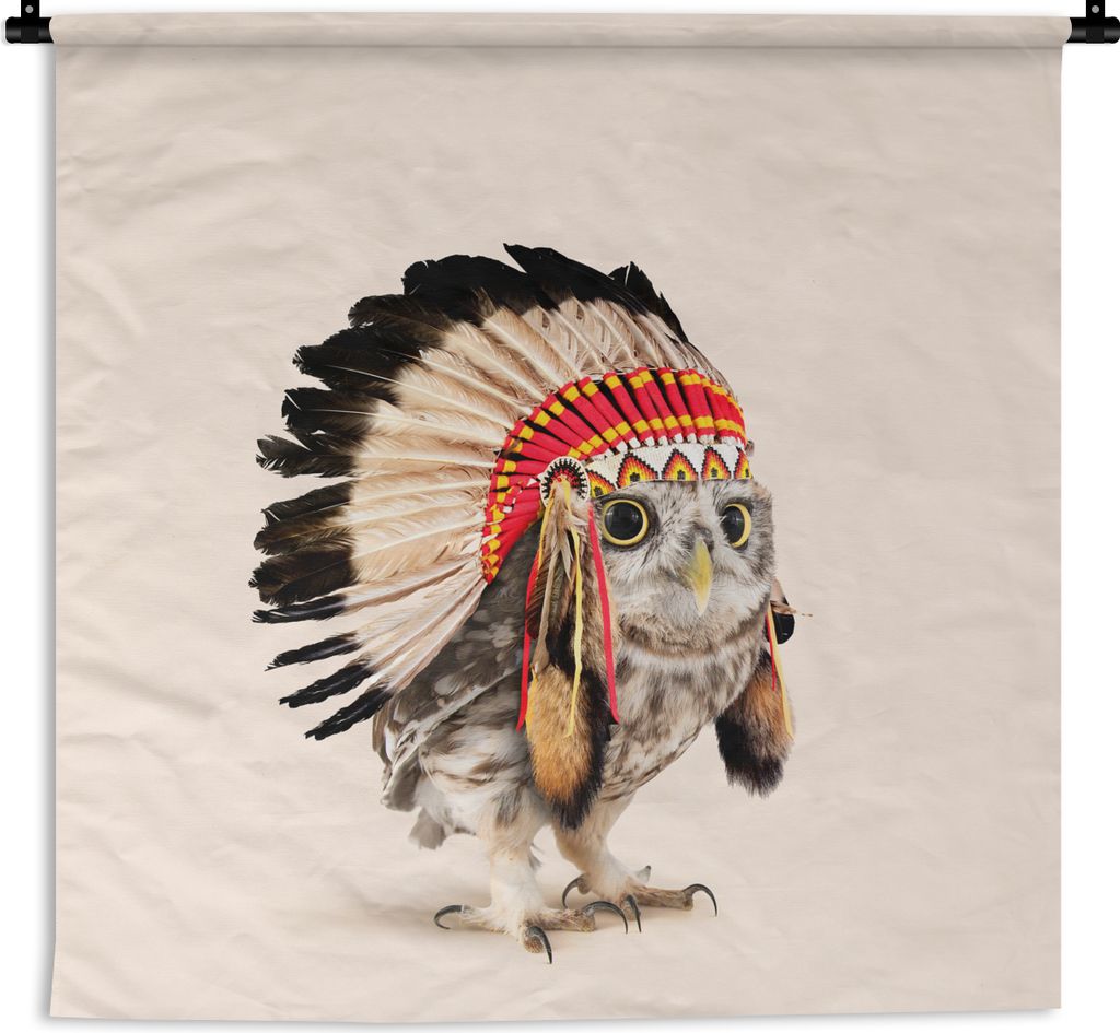 MuchoWow Wandteppich Wandbehang Eule - Indianer - Federn - Tiere 90x90 cm Tapisserie Dekoration Wandtuch - Wandaufhänger