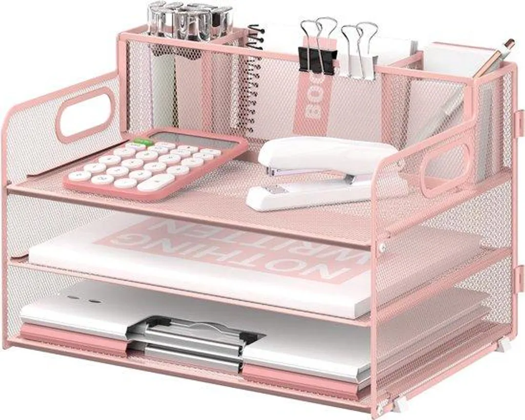 Organiseur de bureau rose 3 compartiments et ses 3 porte-monnaie zippés