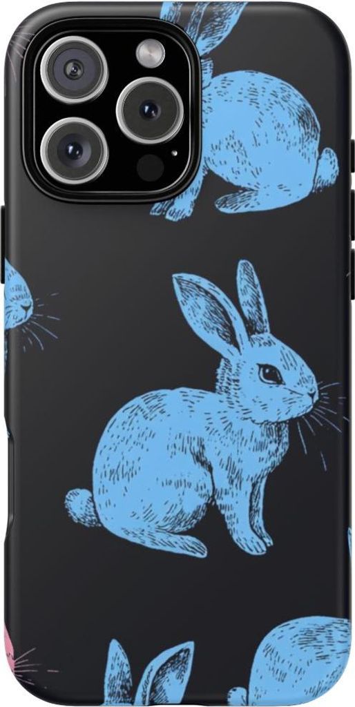Bunte Hasen auf schwarzem Hintergrund – Hülle Kompatibel mit iPhone 16 Pro Max