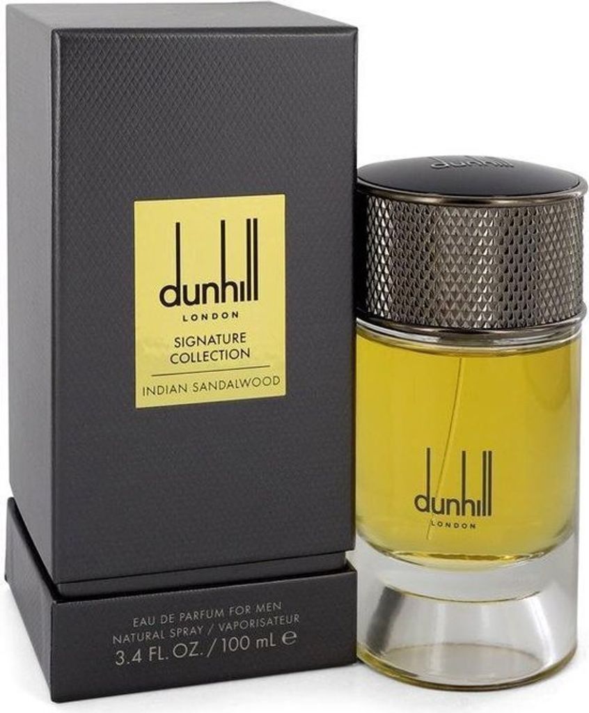 A product shot of Dunhill Signature Collection Indian Sandalwood Eau de Parfum for Men, with its box and bottle clearly displayed.