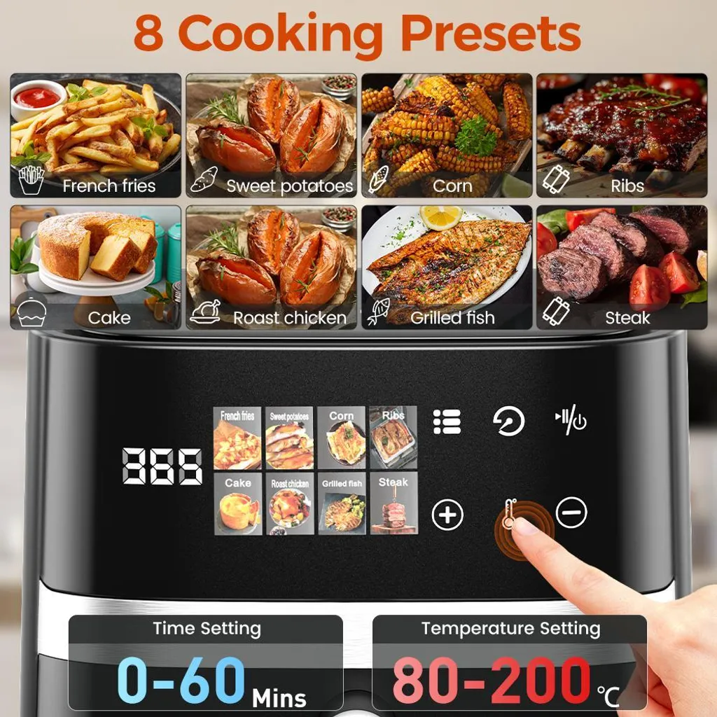 Friteuse sans huile 8-en-1 - Capacité 5L, Noir, Écran LED, Rapide & Sain