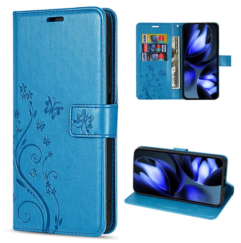 Flower Hülle für Google Pixel 9A Tasche Wallet Case Lederhülle Klappbar Blau