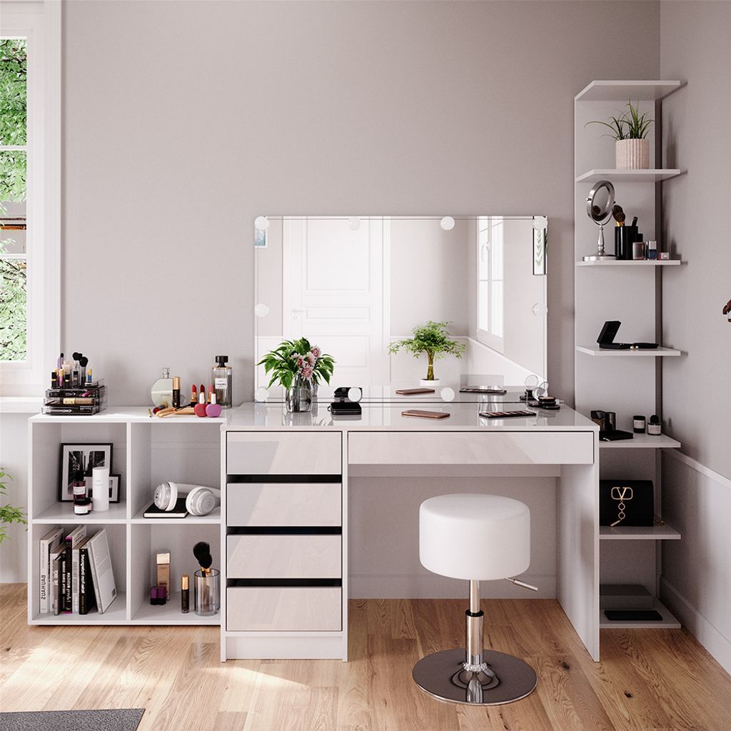 Schminktisch Vicco Sherry Weiß 5 Teile, mit Aufbewahrungsregal, Standregal, Spiegel, Hocker, LED, Model 41637