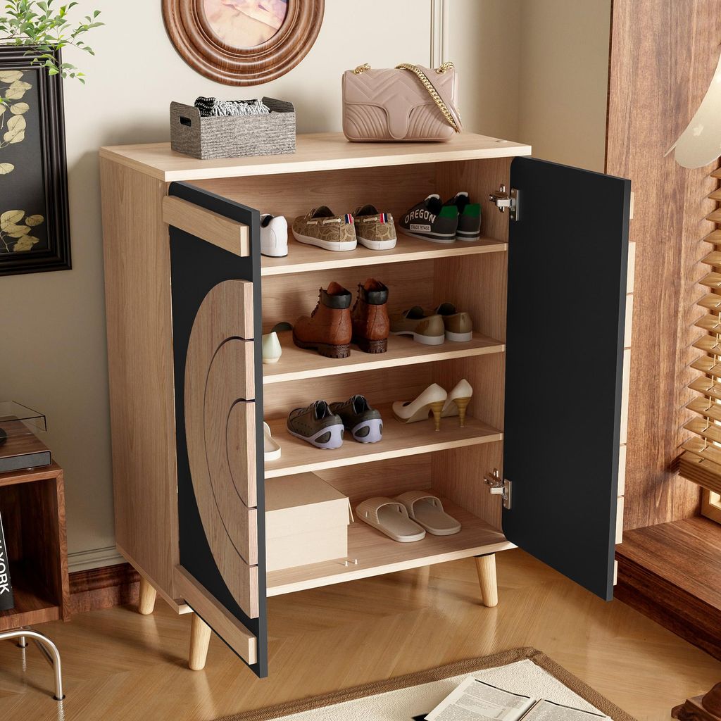 okwish Schuhschrank modern stabilen Holzbeinen,Schuhregal mit Runde geometrische Schranktüren,Schuhschrank aus Holz,Schwarz+Natur