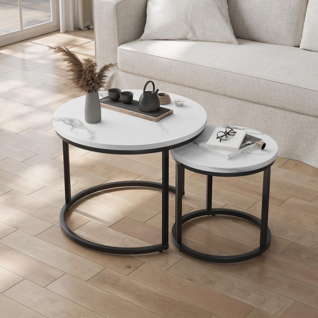 Nesting Tisch Set 2-tlg, Weiß - Moderne Beistelltische mit Metallrahmen, 60cm & 45cm, platzsparend für Wohnzimmer, Balkon