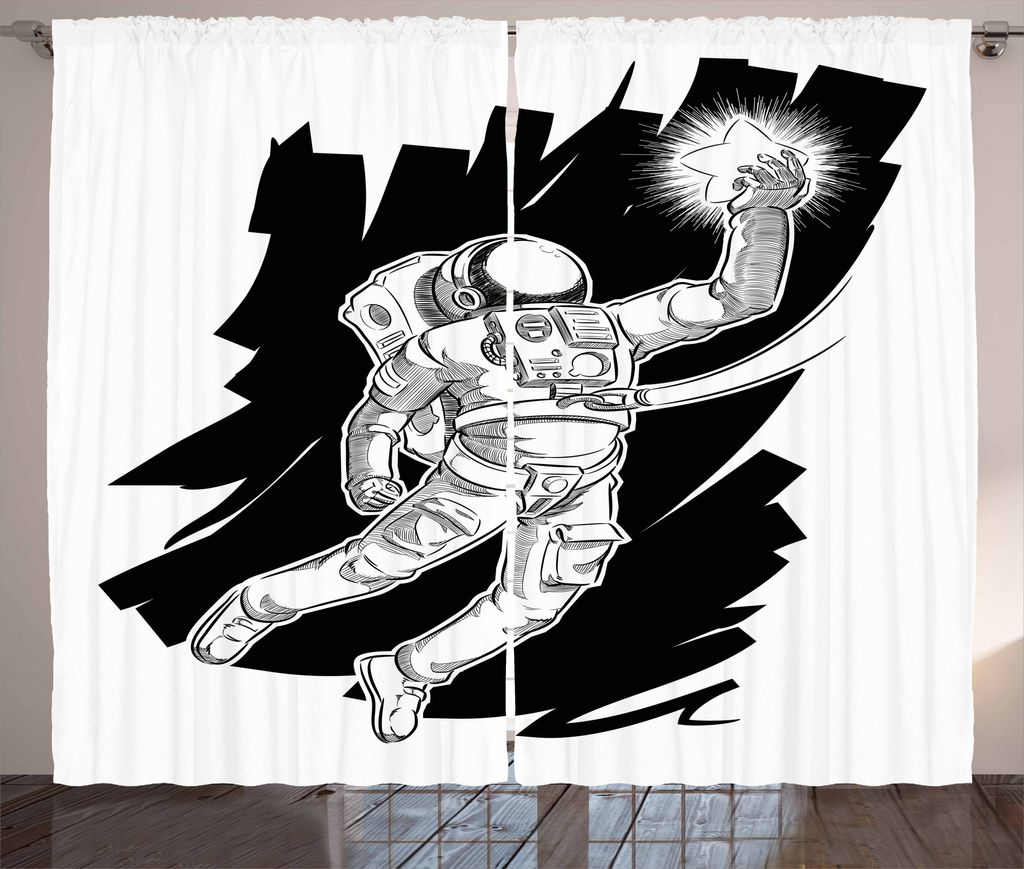 ABAKUHAUS Astronaut Rustikaler Gardine, Grabskizze greifen, Schlafzimmer Kräuselband Vorhang mit Schlaufen und Haken, 280 x 225 cm, Weiß Schwarz