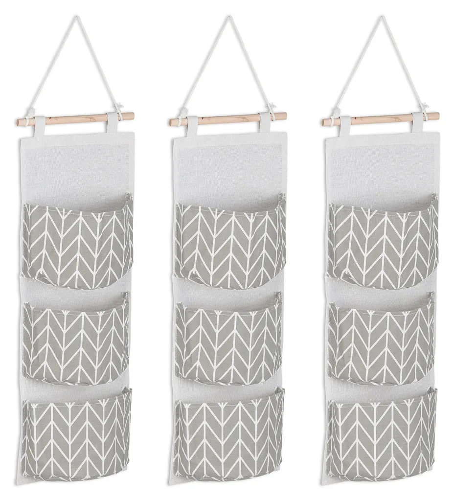 Organiseur mural 3 compartiments en coton gris 74x20 cm pour rangement