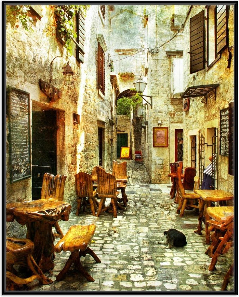 Wallario Wandbild Italienische kleine Gasse, Größe: 40,30 x 50,30 cm, Poster mit schwarzem Aluminiumrahmen