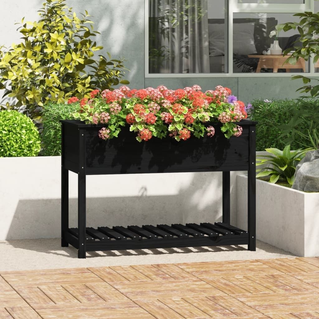 "SALE 2026"Pflanztopf/Blumenkübel Moderne - Pflanzkübel - Blumentopf mit Ablage Schwarz 111,5x54x81cm Massivholz Kiefer DE638144 - Beete