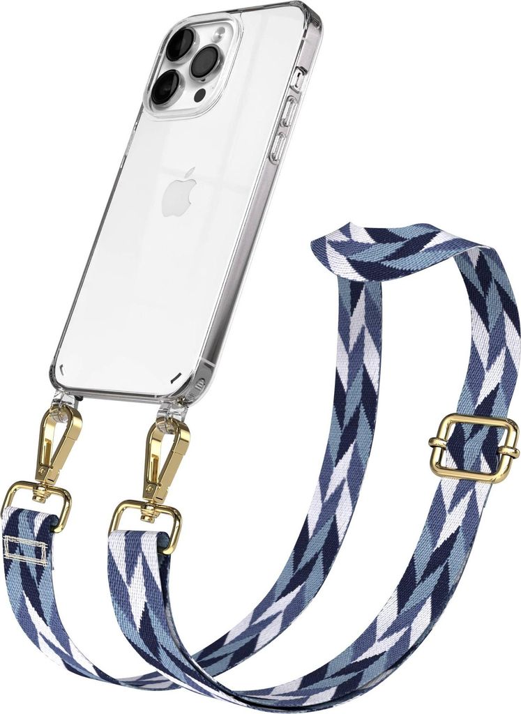 EAZY CASE Handykette - Verstellbarer Trageriemen kompatibel mit Apple iPhone 14 Pro Max, Handykordel mit transparenter Silikon-Hülle, Karabiner Go...