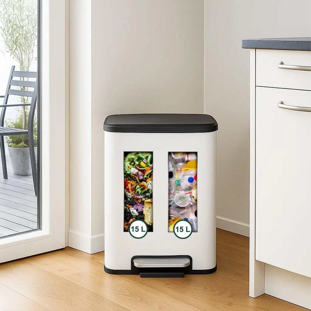 Poubelle de cuisine double compartiment 15L tri sélectif compacte - Gris