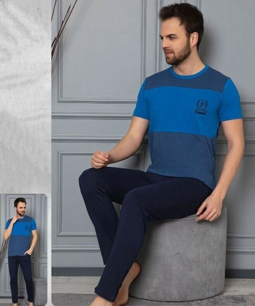Herren Pyjama Schlafanzug Blau XXL Baumwolle Kurz 2-Teiler Set C-33