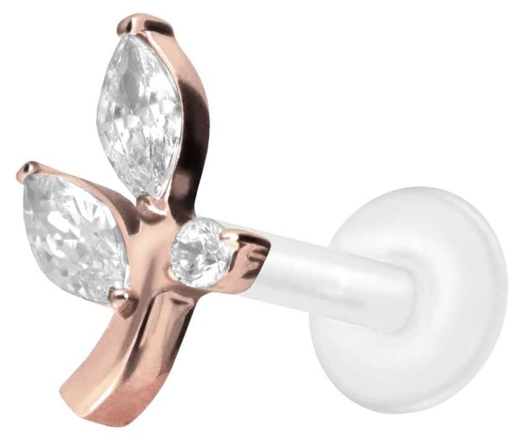Ohrpiercing, Nasenpiercing PTFE Labret mit Innengewinde + Titan-Aufsatz KRISTALLZWEIG RoséGold Stablänge: 9mm | Stabstärke: 1,2mm