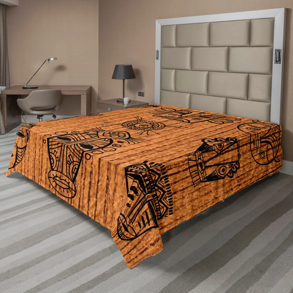 ABAKUHAUS Lenzuolo africano, rituale e cerimoniale Maschere culturali tribali native Stampa artistica spirituale, lenzuolo morbido e confortevole per un letto decorativo 1 pezzo 275 cm x 260 cm, nero marrone