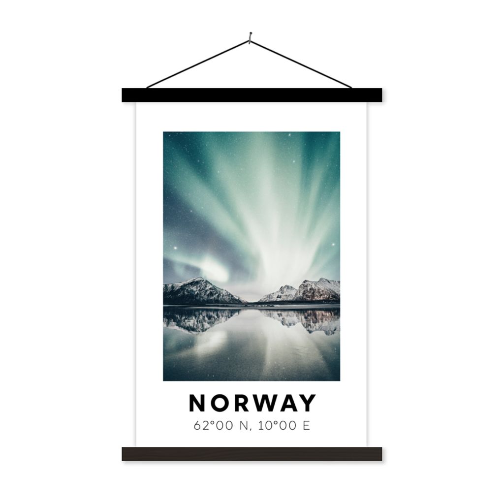 MuchoWow Textilposter Norwegen - Nordlichter - Bergen 60x90 cm mit schwarzem Rahmen - Poster Wohnzimmer