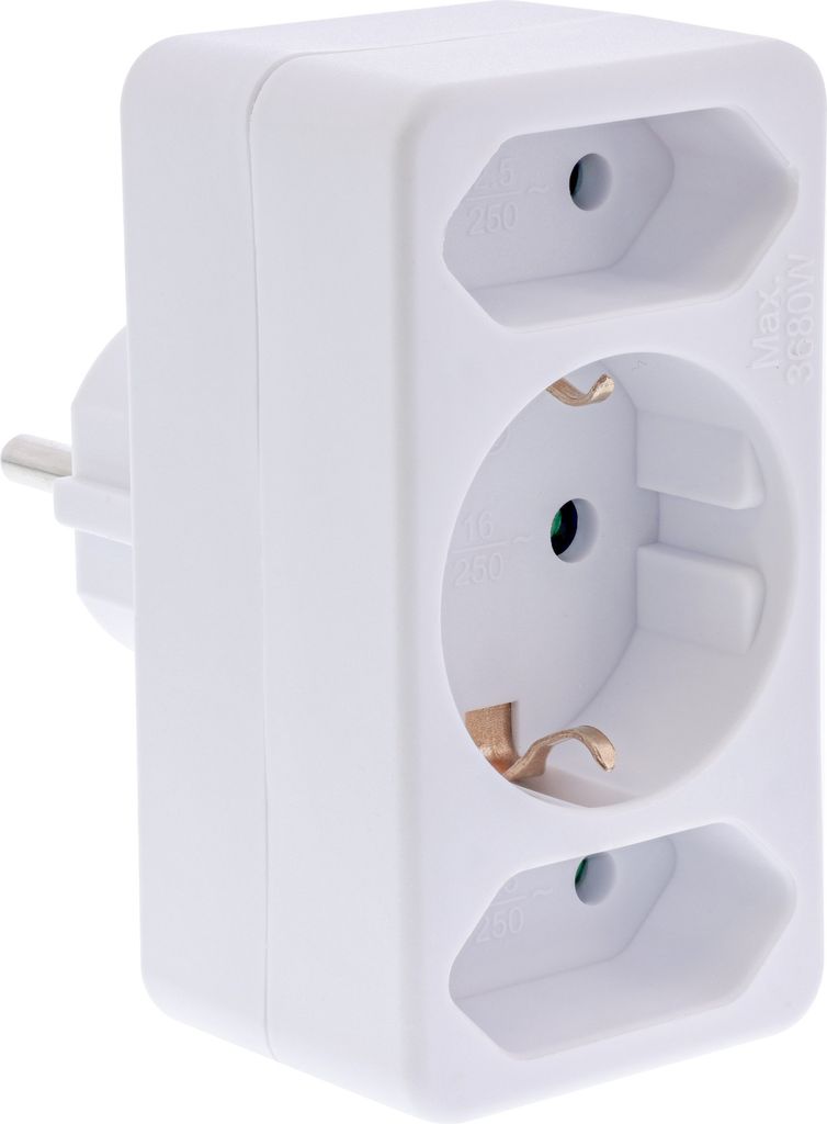 InLine Steckdosenadapter, Schutzkontakt Stecker an 2x Euro + 1x SK, weiß