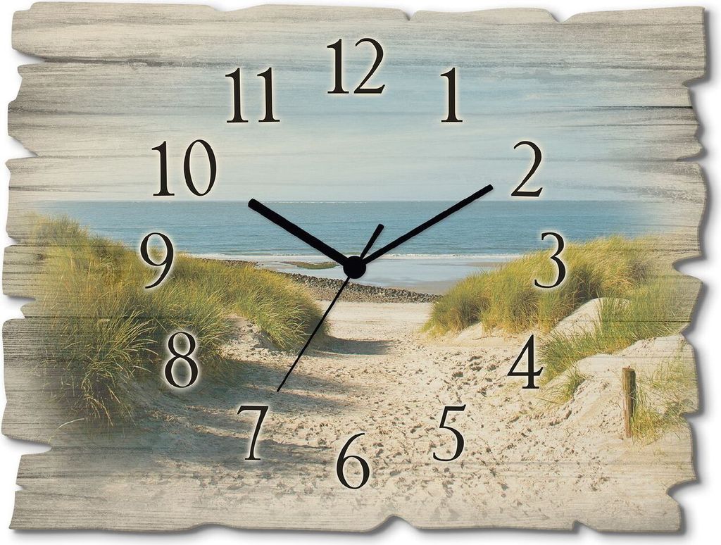 ARTland Holz Wanduhr Quarzuhr - schwarzer Zeiger Strand mit Sanddünen und Weg zur See Größe: 40x30 cm