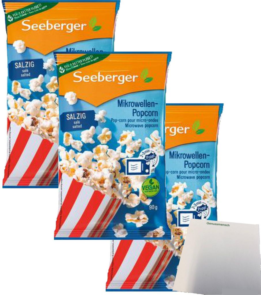 Seeberger Mikrowellen Popcorn gesalzen mit Seeberger Öl 3er Pack (3x90g Packung) + usy Block