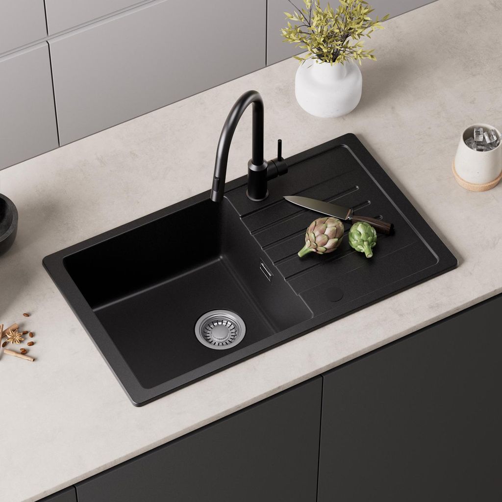 Granitspüle & Küchenspüle 78 x 45 cm mit Abtropffläche, Produktbild 