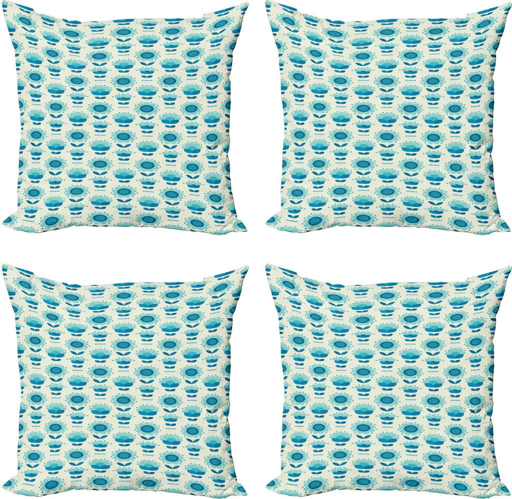 ABAKUHAUS Blumen Kissenbezug Set (4 Stück), Folkloric Abstrakte Blumen, Moderner Doppelseitiger Digitaldruck, 45 cm x 45 cm, Sea Blue Creme