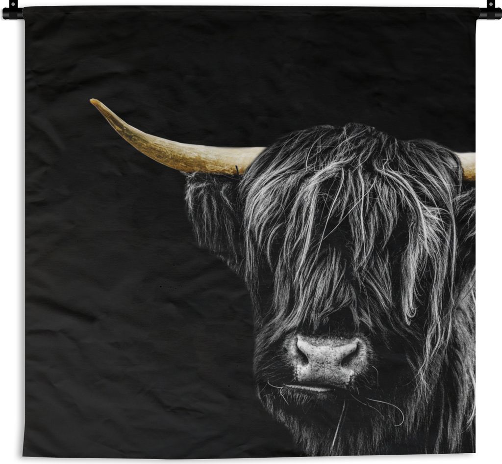 MuchoWow Wandteppich Wandbehang Schottischer Highlander - Goldene Hörner 150x150 cm Tapisserie Dekoration Wandtuch - Wohnaccessoires - Modernes