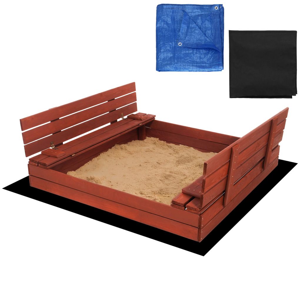 Springos Premium Sandkasten Sandbox 140x140 cm Imprägniert Holz Sitzbänken Kinder Spielzeug Holzsandkasten Sandkiste mit Deckel Vlies und Abdec...