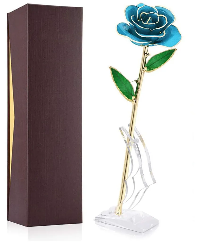 Idée cadeau Saint-Valentin : rose bleue en or 24 carats avec son support