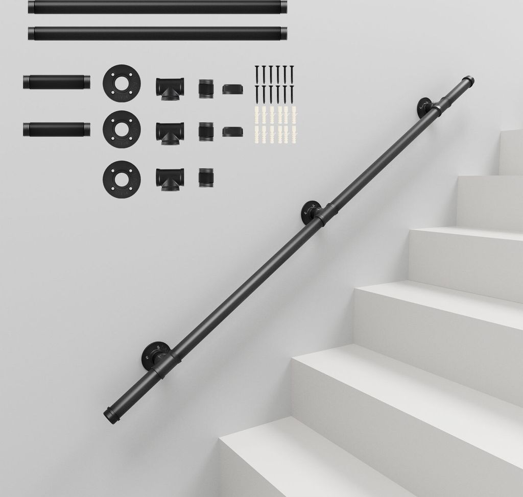 Aopunly Handlauf Verzinktes Stahlrohr Geländer Pulverbeschichtung Schutzbügel Treppe Innen und Außen Schwarz 150cm