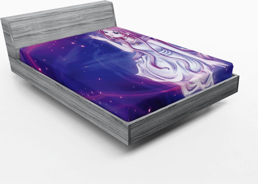 ABAKUHAUS Anime Spannbetttuch, Nette purpurrote Anime-Fee, die im Thema des Tierkreis-Astrologie-Horoskop-Zeichen Artprint sitzt, 150 x 190 cm, Lil...