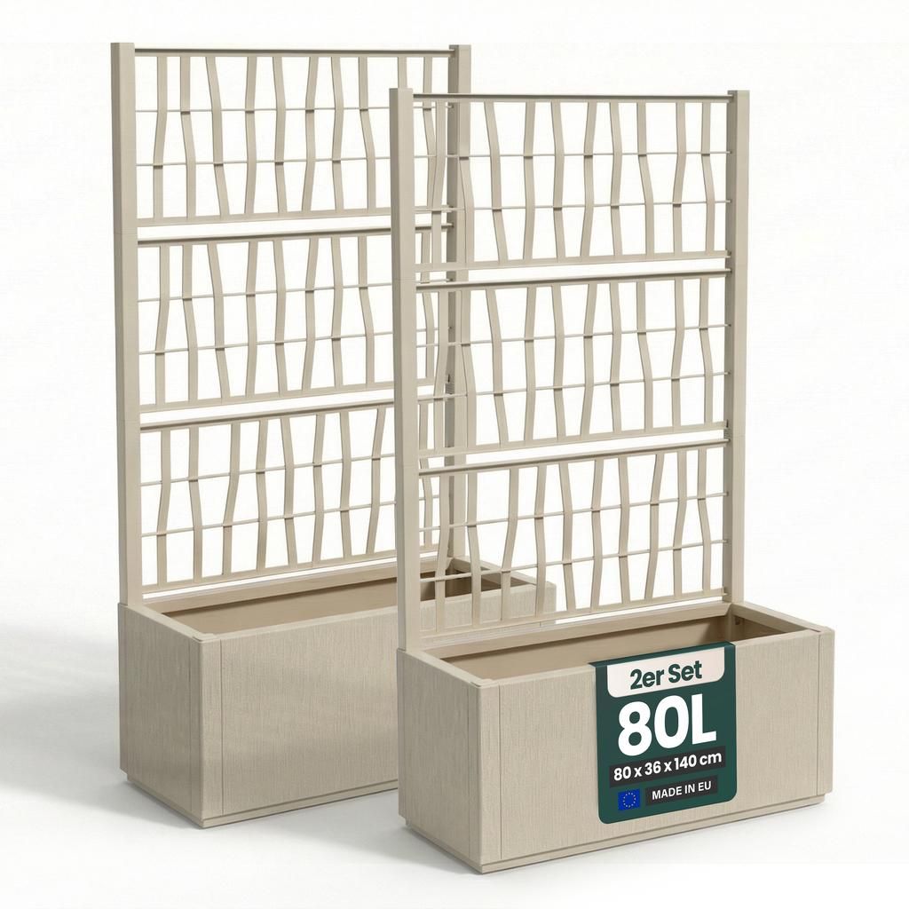 XL Spalier 'Ethica' mit Pflanzkübel Breit 80x36x140 cm - Rankgitter & Blumenkasten Sichtschutz für Balkon, Terrasse & Garten - Beige, 2 Stück